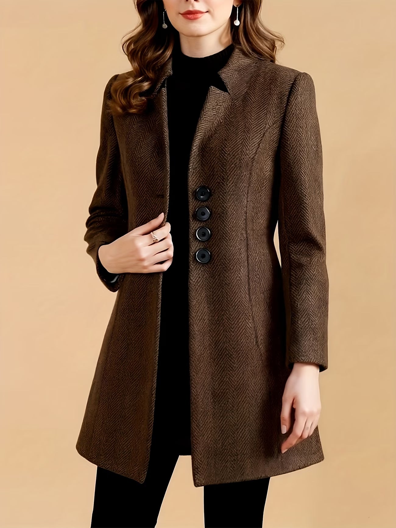 Tailored Autumn And Winter Fashion Elegant Brown Tweed Coat