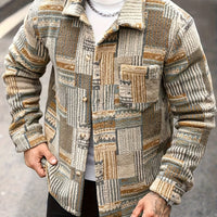 Men'S Geometric Patterned Long-Sleeve Single-Breasted Pocket Casual Fleece Jacket