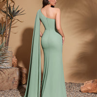 Elegant Off-Shoulder Chiffon Evening Gown – Asymmetrical Long Sleeve Cape Bodycon Dress for Weddings & Galas