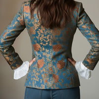 Elegant Vintage Court Style Printed Short Waist Blazer with Lining and Pockets | Regular Fit, Long Sleeve, Single Button Closure
