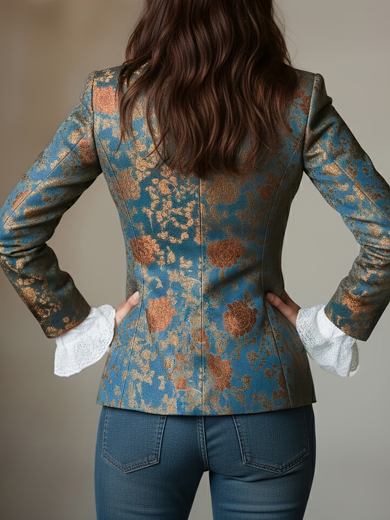 Elegant Vintage Court Style Printed Short Waist Blazer with Lining and Pockets | Regular Fit, Long Sleeve, Single Button Closure