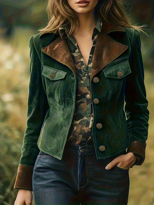 A Vintage-Style Military Green Jacket with Brown Patchwork Large Lapels And Cuffs