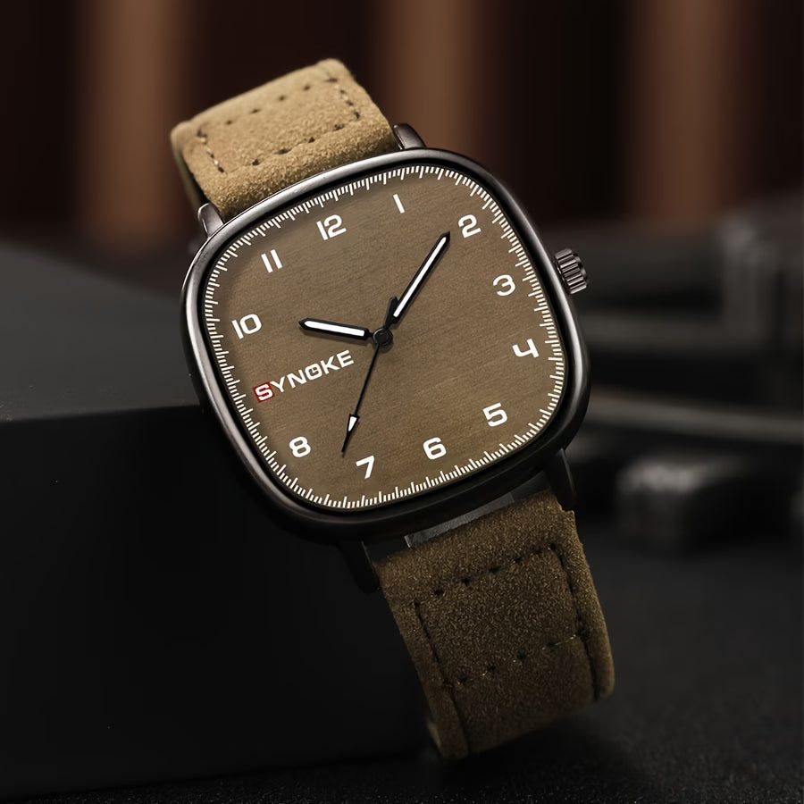 SYNCNOKE Vintage Olive Green Men's Quartz Watch - Square Design