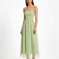 Women's Elegant Mesh Splicing Ruched A-Line Dress – Spaghetti Strap Smocked Bridesmaid Dress