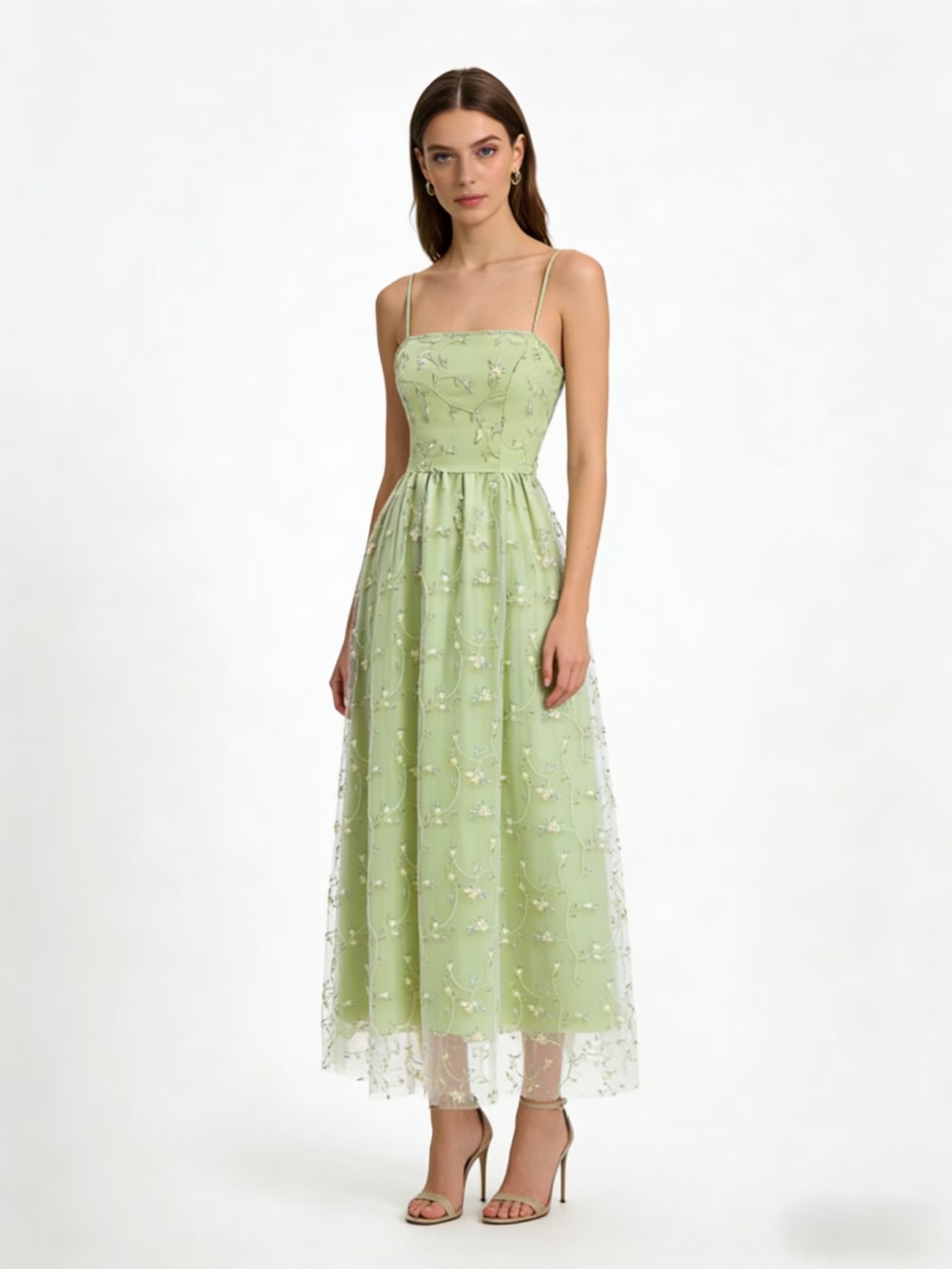 Women's Elegant Mesh Splicing Ruched A-Line Dress – Spaghetti Strap Smocked Bridesmaid Dress
