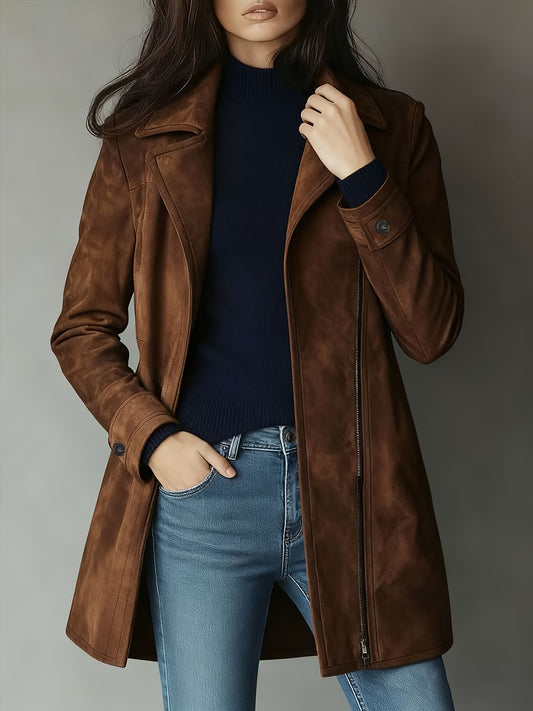 Ladies' Vintage Faux Suede Velvet Zip-up Mid-Length Trench Coat