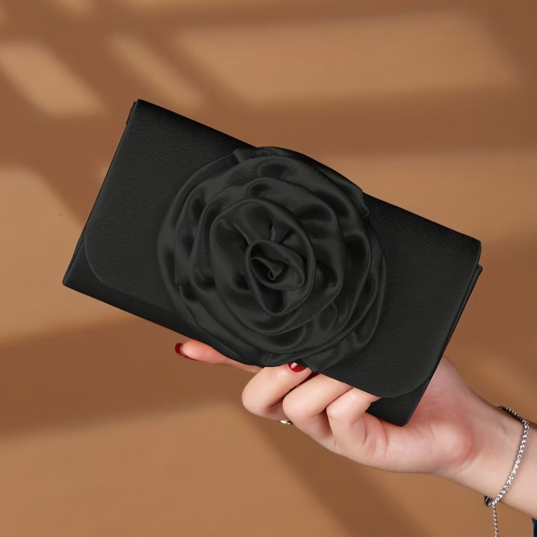 Women's Elegant Flower-Decorated Evening Clutch Bag with Detachable Strap
