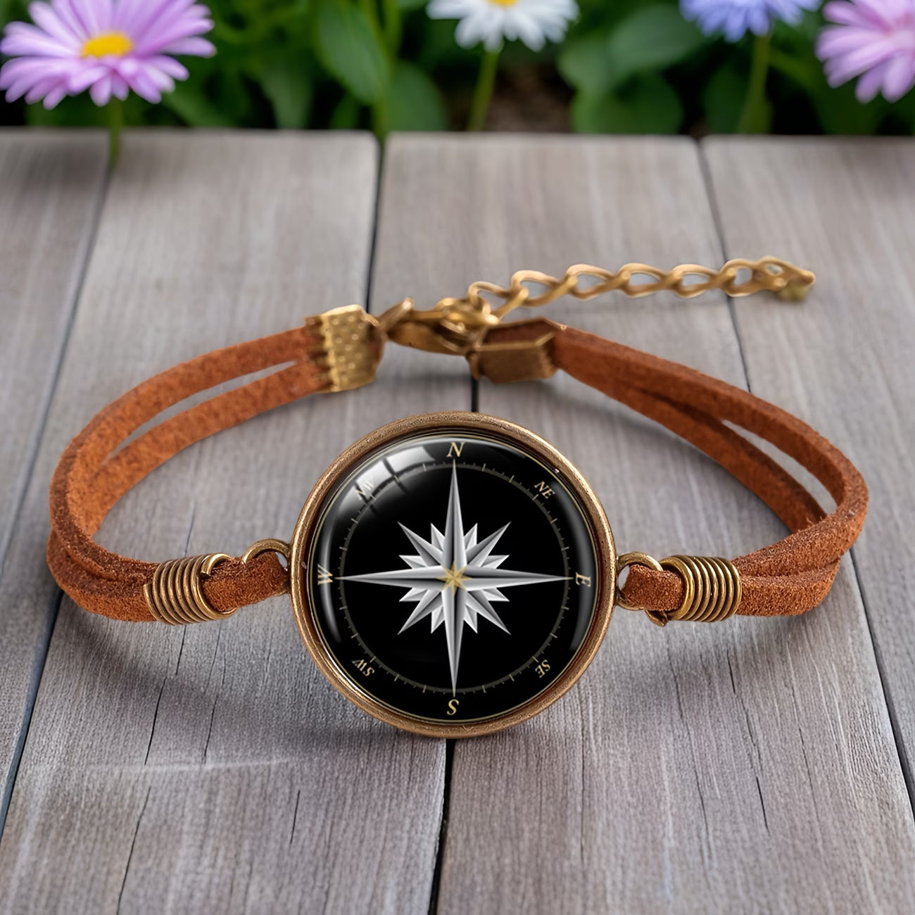 Adventure Style Compass Pattern Round Glass Dome Brown Leather Bracelets Accessory Gifts for Friends