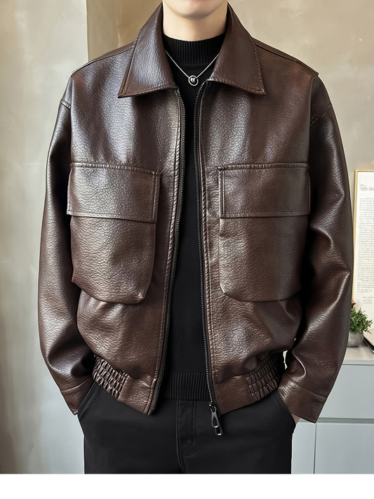 Men's Lapel PU Jacket, Trendy and Versatile for the Modern Gentleman