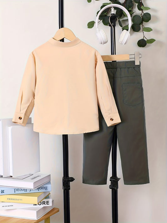 2pcs Boys' Vintage Style Solid Color Long Sleeve Shirt + Versatile Pants Set for Spring/Autumn