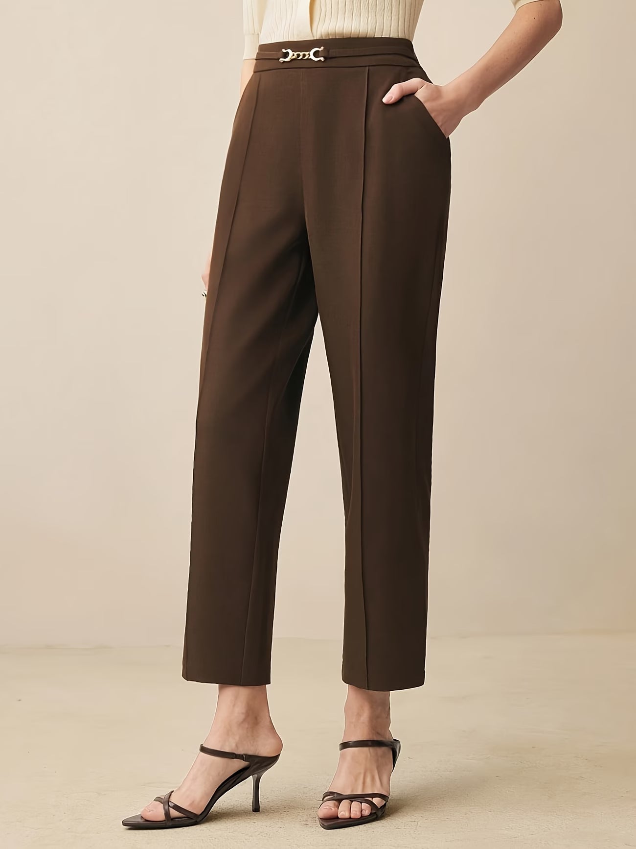 Women's Elegant Straight-Leg Office Pants with Metal Chain Detail