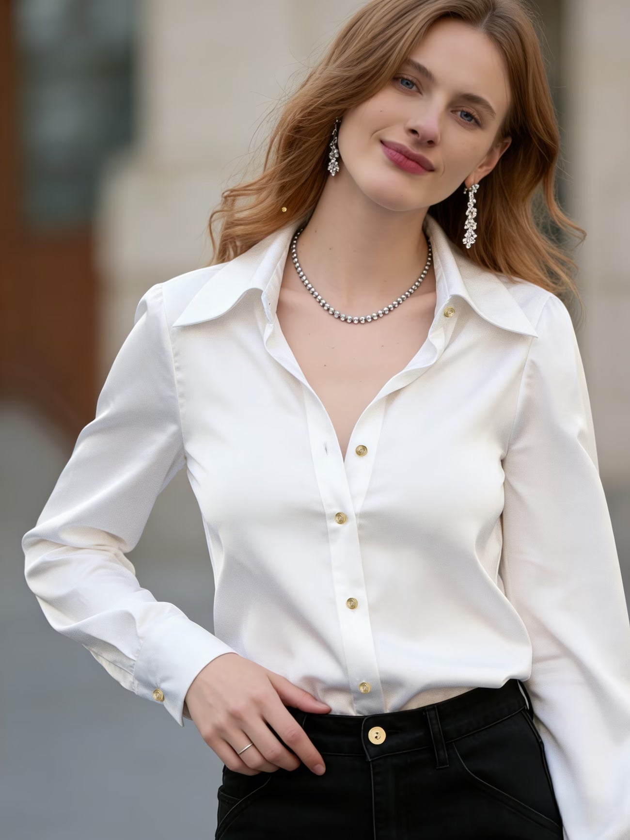 Women's Elegant Satin Long-Sleeve Lapel Shirt – Light Luxury Metal Button Top