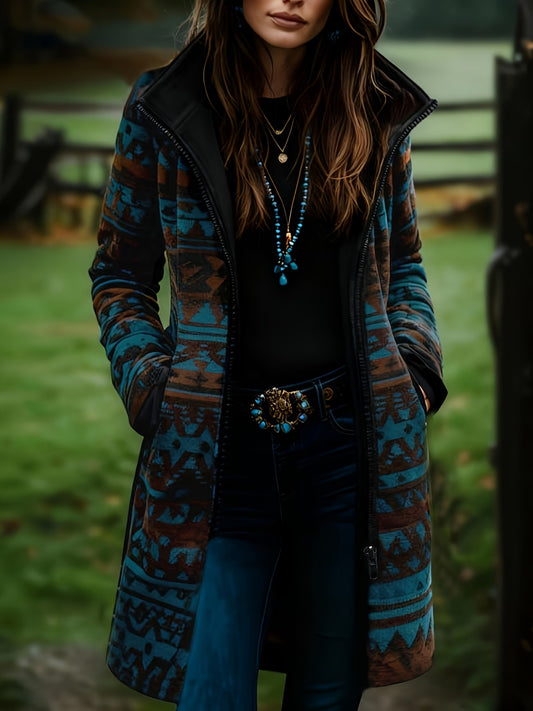 This Unique Ethnic-Style Long Coat Features a Blue And Brown