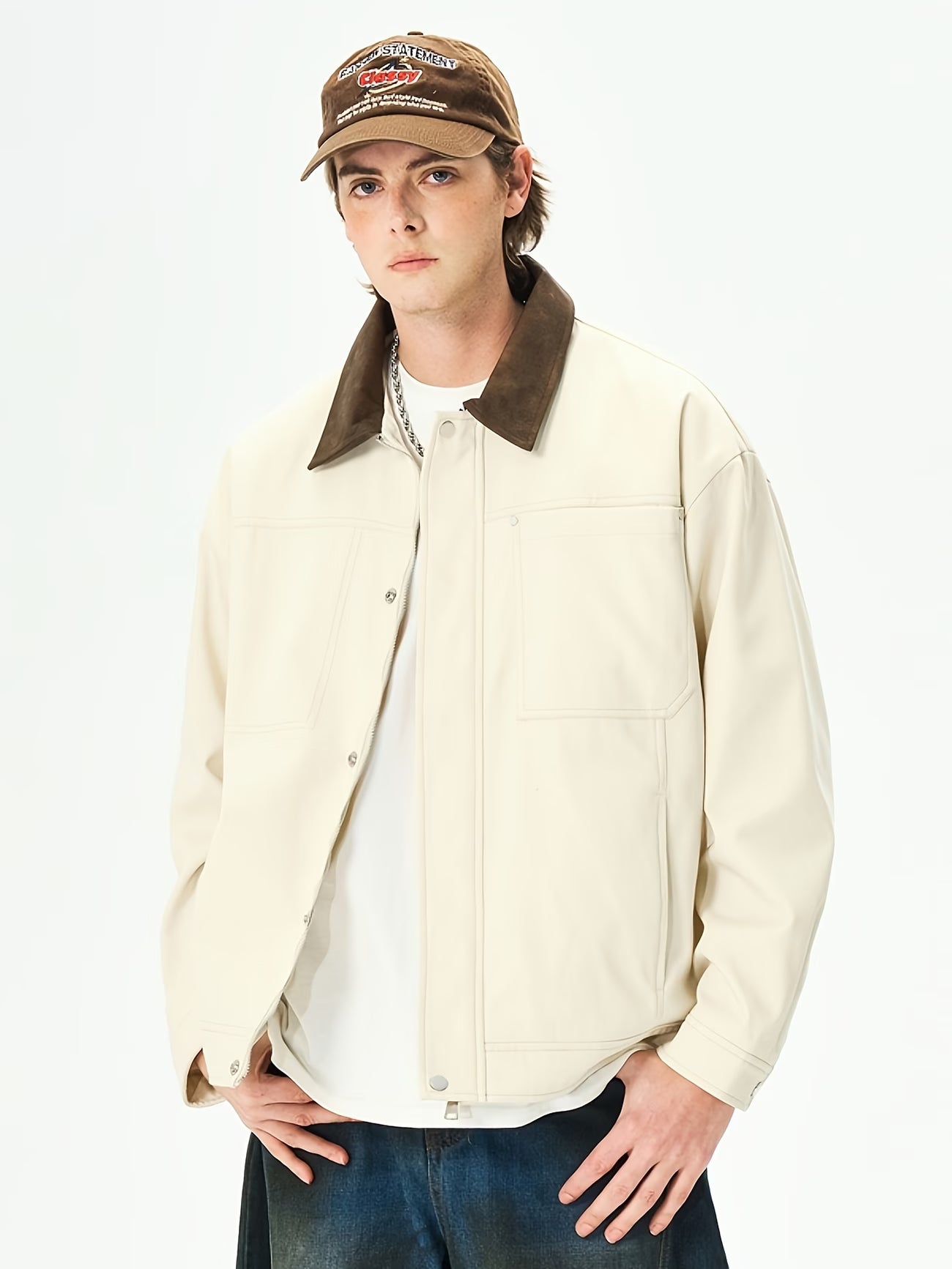 Men's Jacket, Loose Fit Spring/Autumn Outerwear with Button Cuffs