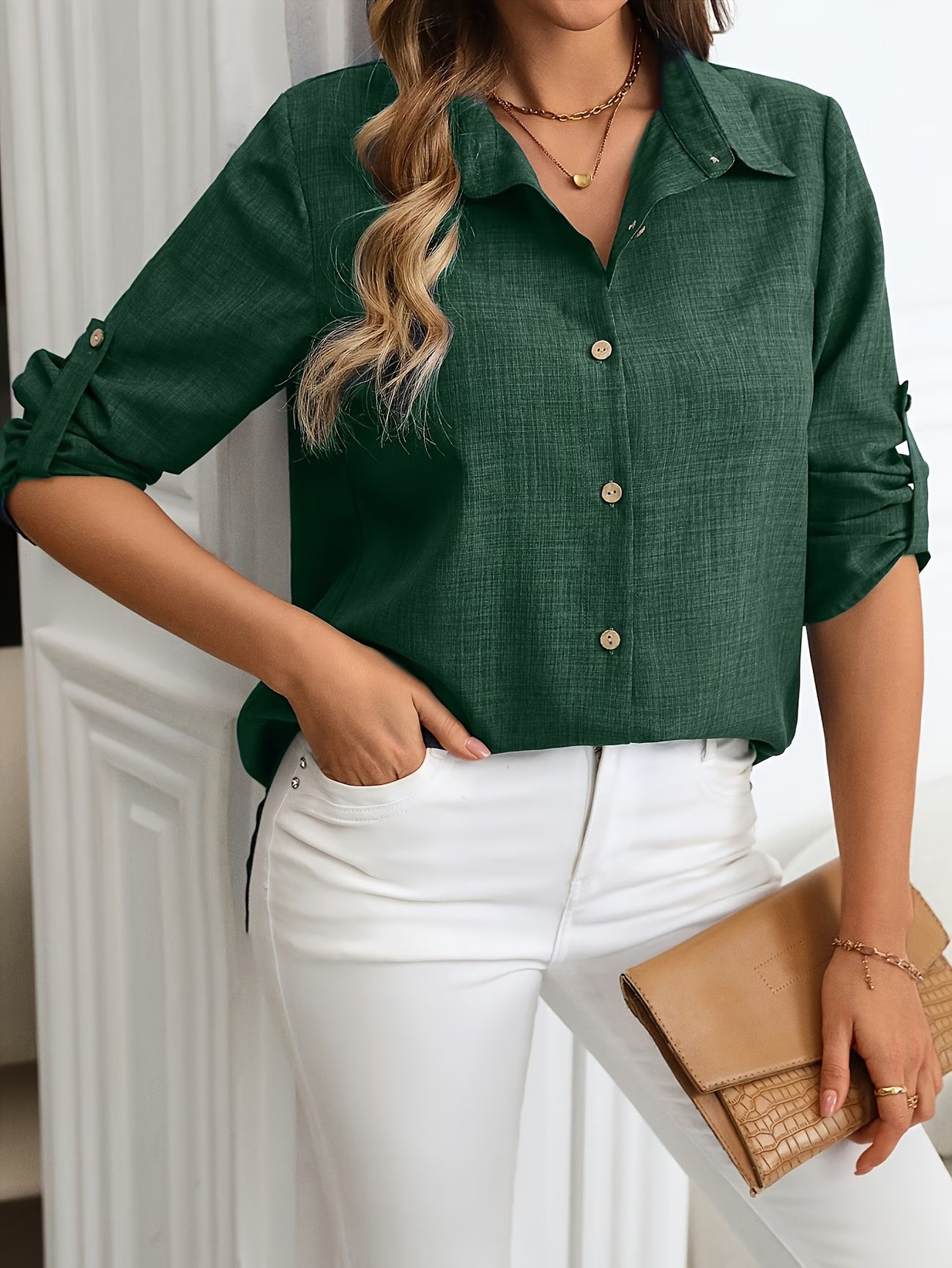 Women'S Casual Button- Collar Shirt - Solid Color Loose Fit Blouse