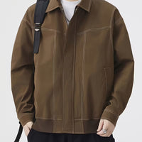 Men's Loose Lapel Zip-Up Long-Sleeve Jacket – Solid Color Versatile Outerwear for Spring & Autumn