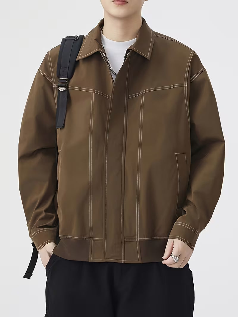 Men's Loose Lapel Zip-Up Long-Sleeve Jacket – Solid Color Versatile Outerwear for Spring & Autumn