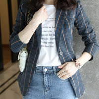 Elegant 2024 Blue Striped Blazer, a Sophisticated And High-End Women'S Suit with a New Design Featuring Striped Color Blocking.