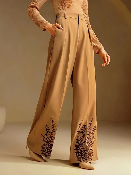 Elegant Women'S High-Waisted Floral Embroidered Wide-Leg Pants