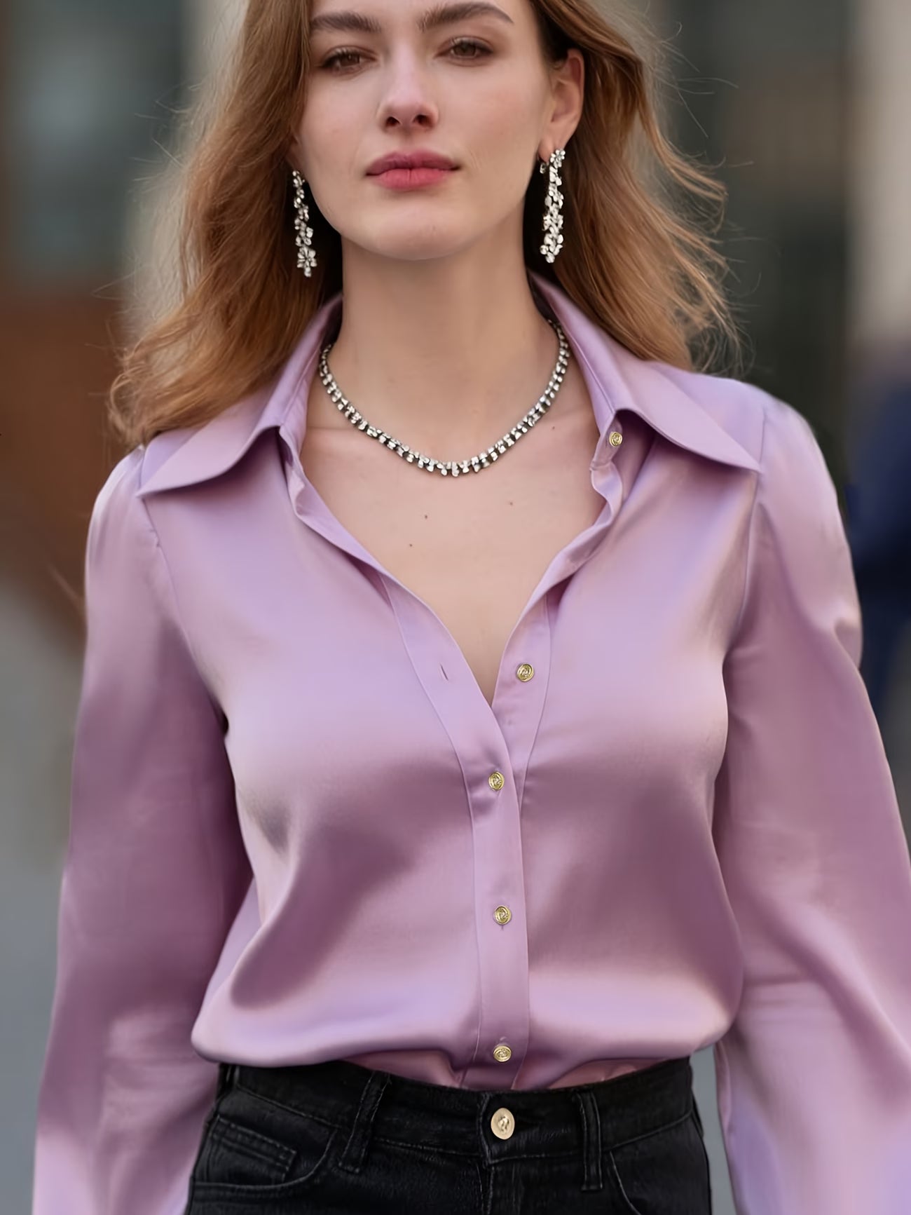 Women's Elegant Satin Long-Sleeve Lapel Shirt – Light Luxury Metal Button Top
