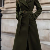 Ladies Solid Color Belted Long Sleeve Trench Coat with Large Lapel | Casual Style, Non-Stretch Fabric, Regular Fit