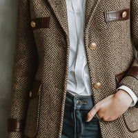 Retro Elegant Lapel Herringbone Commuting Fashion Patchwork Brown Women'S Blazer Jacket