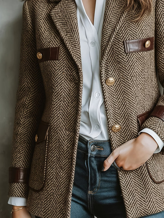 Retro Elegant Lapel Herringbone Commuting Fashion Patchwork Brown Women'S Blazer Jacket