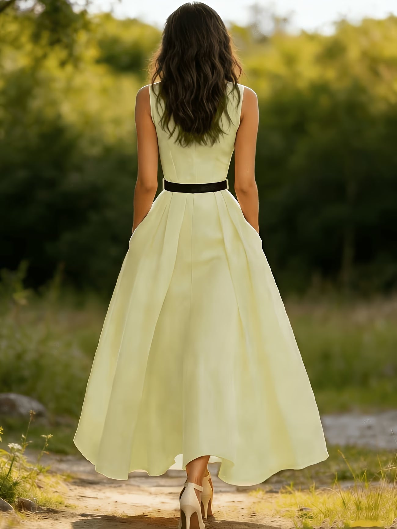 2026 French Style Waist-Cinching Sleeveless V-Neck Long Dress with Belt – High-End Elegant Spring Summer Dress