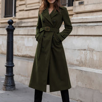 Ladies Solid Color Belted Long Sleeve Trench Coat with Large Lapel | Casual Style, Non-Stretch Fabric, Regular Fit