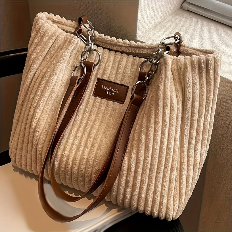 New Easy And Versatile Striped Corduroy Plush Shoulder Bag for Women, Tote Fabric Bag