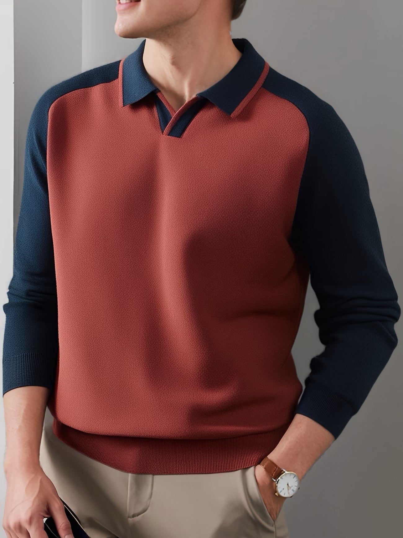 Men's Raglan Sleeve Sweater - Color-Blocked Polo Collar