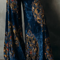New Arrival Women's Elegant Vintage Court-Style Navy Blue Velvet Wide-Leg Pants