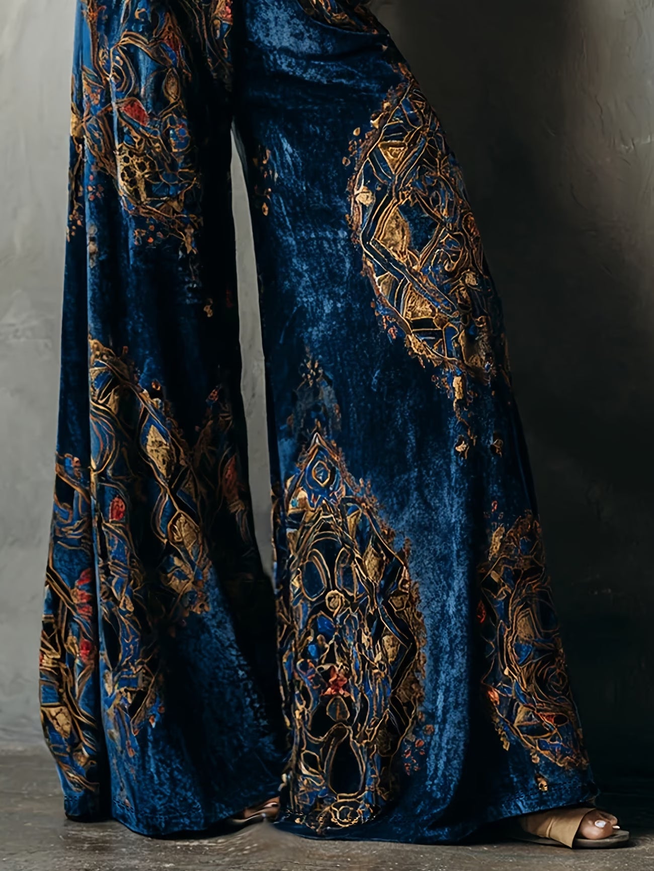 New Arrival Women's Elegant Vintage Court-Style Navy Blue Velvet Wide-Leg Pants