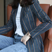Elegant 2024 Blue Striped Blazer, a Sophisticated And High-End Women'S Suit with a New Design Featuring Striped Color Blocking.