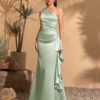 Women's Smooth Satin One-Shoulder Pleated Gown – Elegant Long Dress for Parties & Weddings