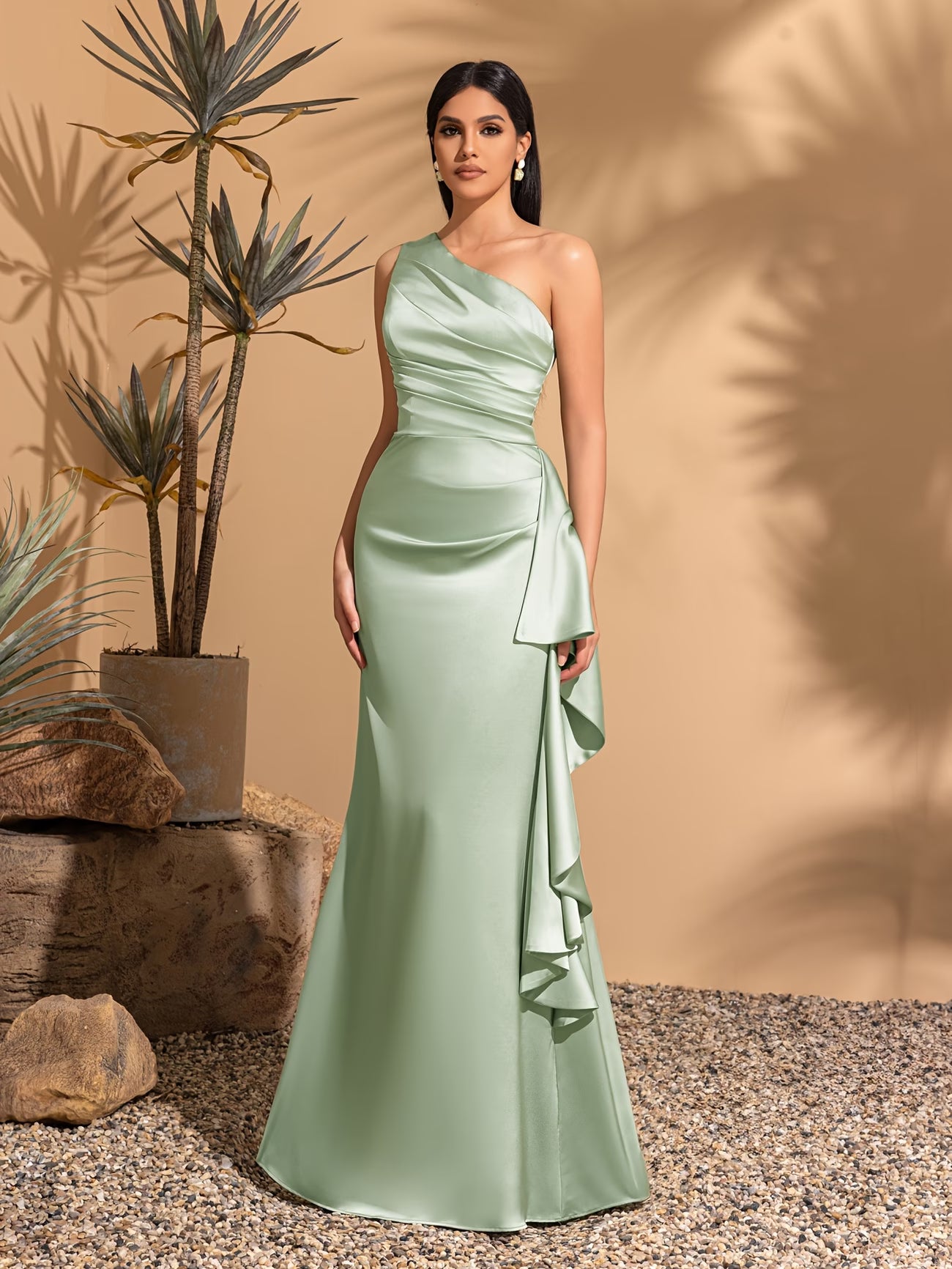 Women's Smooth Satin One-Shoulder Pleated Gown – Elegant Long Dress for Parties & Weddings