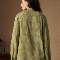 Women's Elegant Christmas Party Blouse – Long Sleeve V-Neck Sheer Jacquard Top in Wine Red