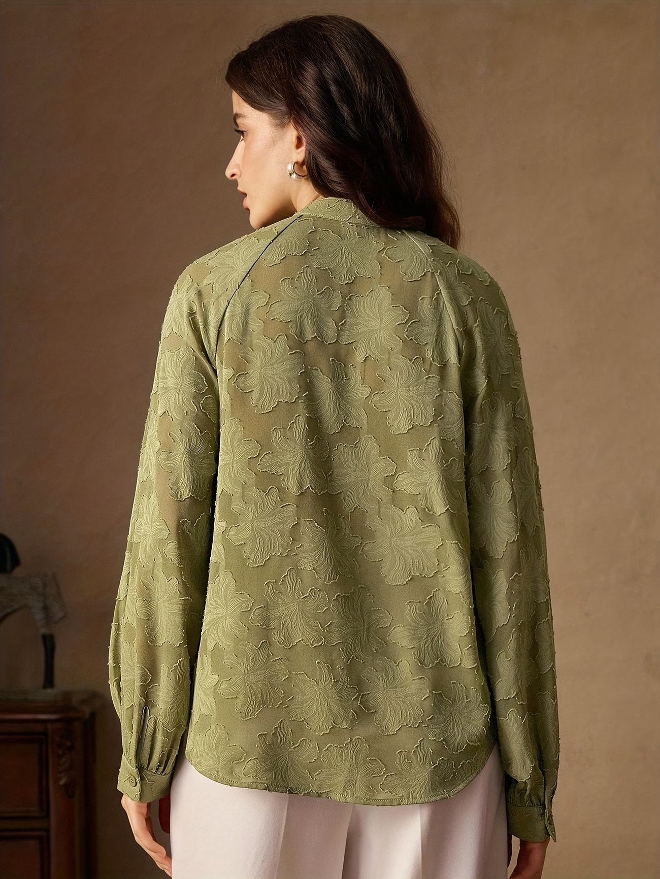 Women's Elegant Christmas Party Blouse – Long Sleeve V-Neck Sheer Jacquard Top in Wine Red