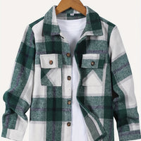 Boys' Plaid Flannel Shirt Jacket with Flap Pockets and Double Pockets