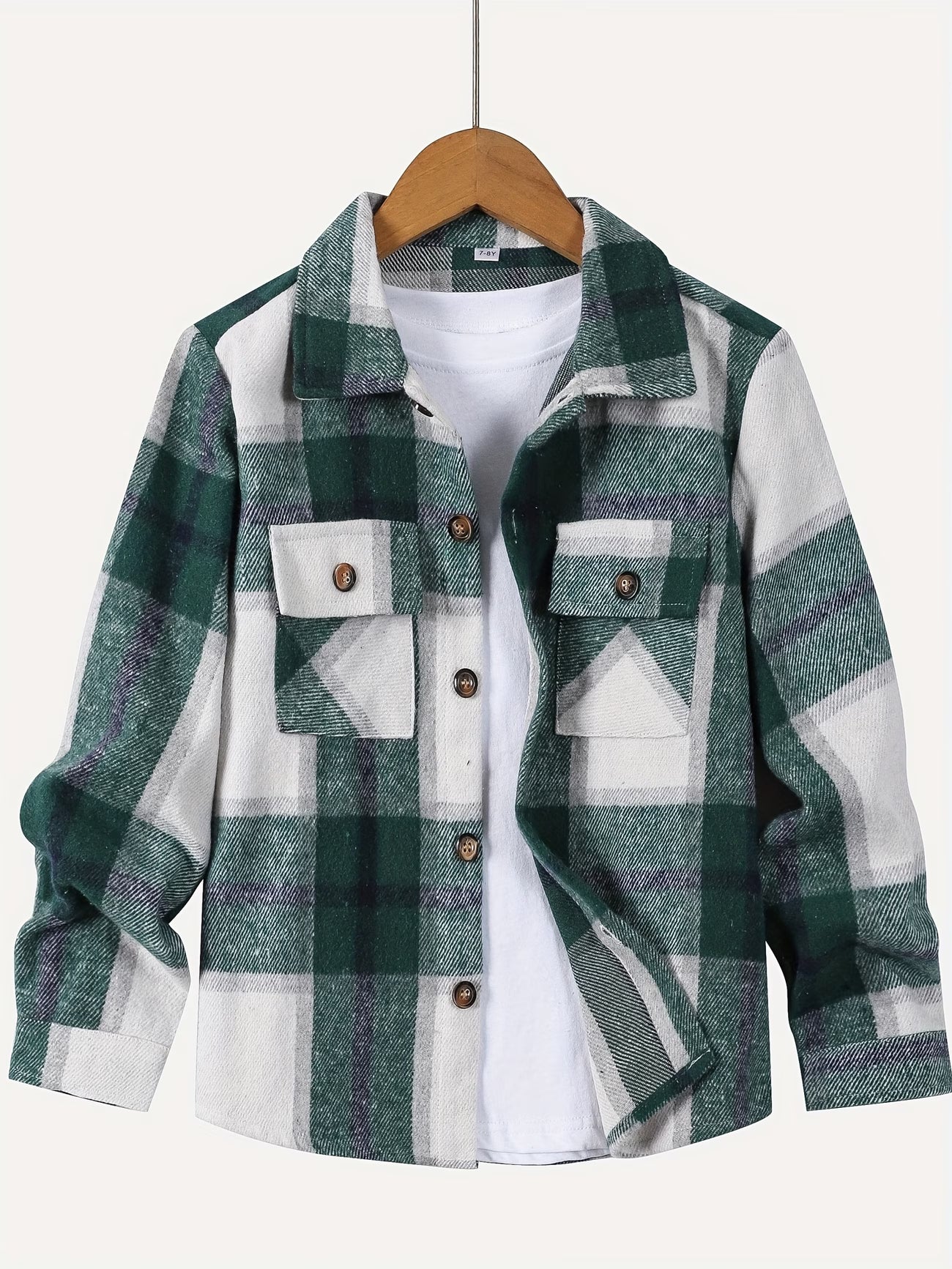 Boys' Plaid Flannel Shirt Jacket with Flap Pockets and Double Pockets