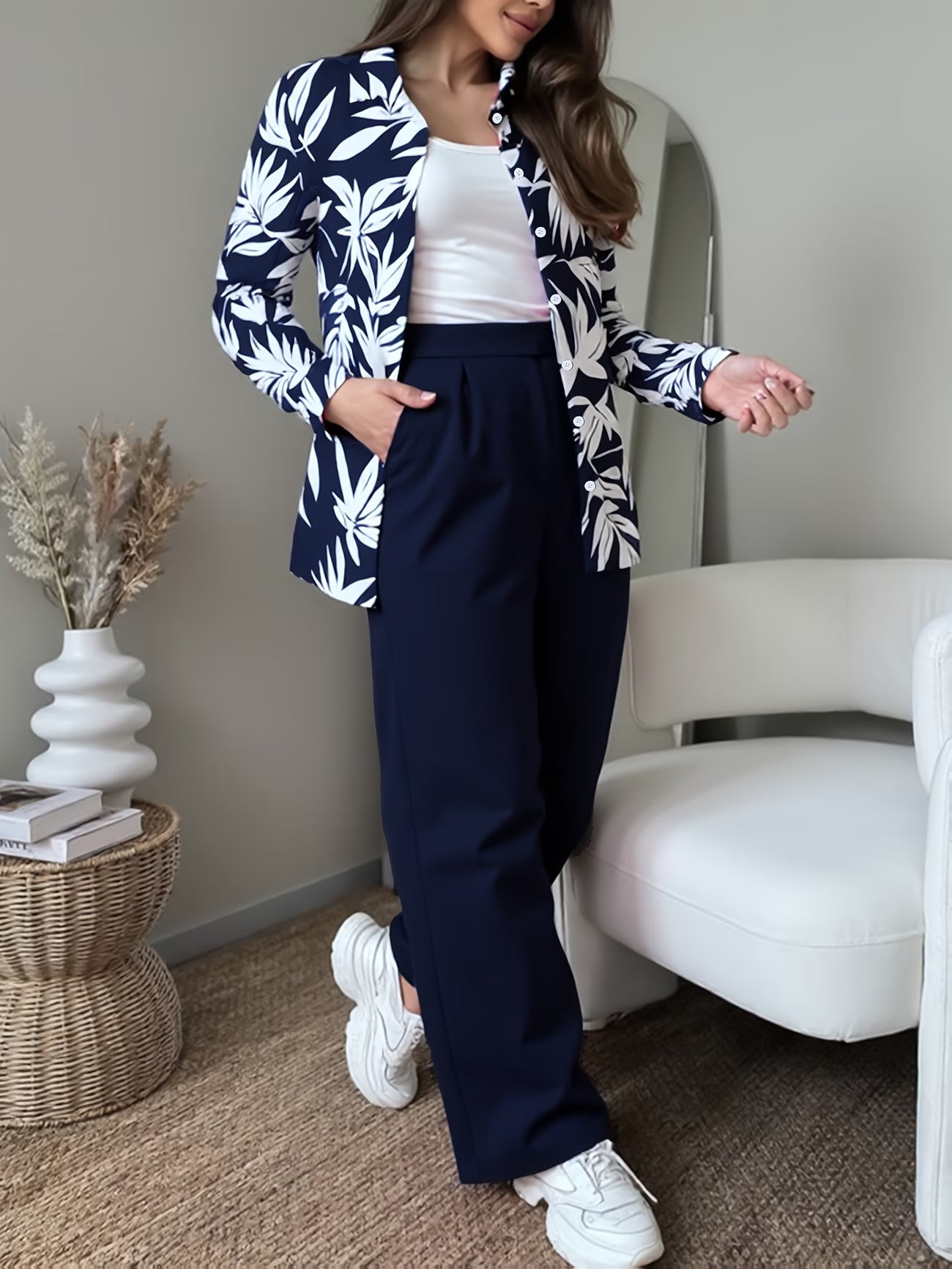 Autumn Fashion Women's Set: Floral Print Long-Sleeve Blouse