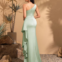 Women's Smooth Satin One-Shoulder Pleated Gown – Elegant Long Dress for Parties & Weddings