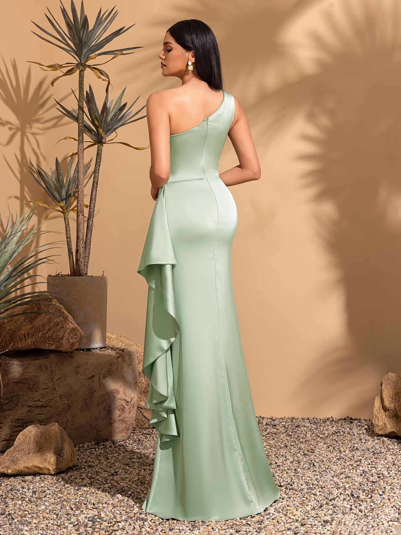 Women's Smooth Satin One-Shoulder Pleated Gown – Elegant Long Dress for Parties & Weddings