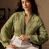 Women's Elegant Christmas Party Blouse – Long Sleeve V-Neck Sheer Jacquard Top in Wine Red