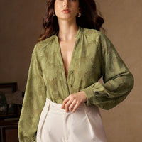 Women's Elegant Christmas Party Blouse – Long Sleeve V-Neck Sheer Jacquard Top in Wine Red