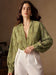 Women's Elegant Christmas Party Blouse – Long Sleeve V-Neck Sheer Jacquard Top in Wine Red