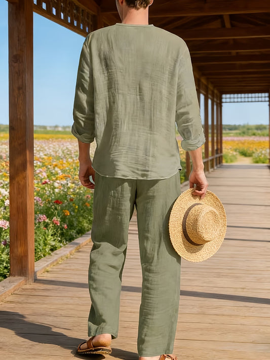 Men'S Linen Set | V-Neck Shirt and Wide-Leg Pants Two-Piece