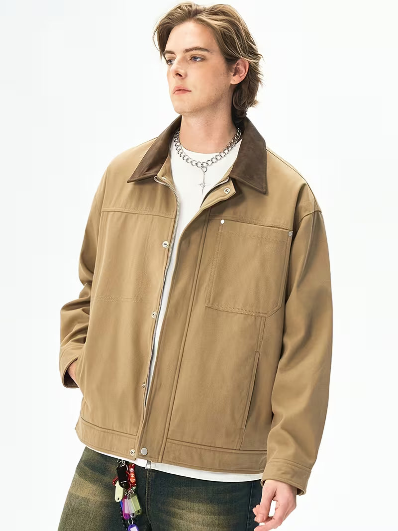Men's Pure Wool Lapel Casual Sport Jacket – Loose Work Outerwear in Khaki, Black, Beige & Olive Green