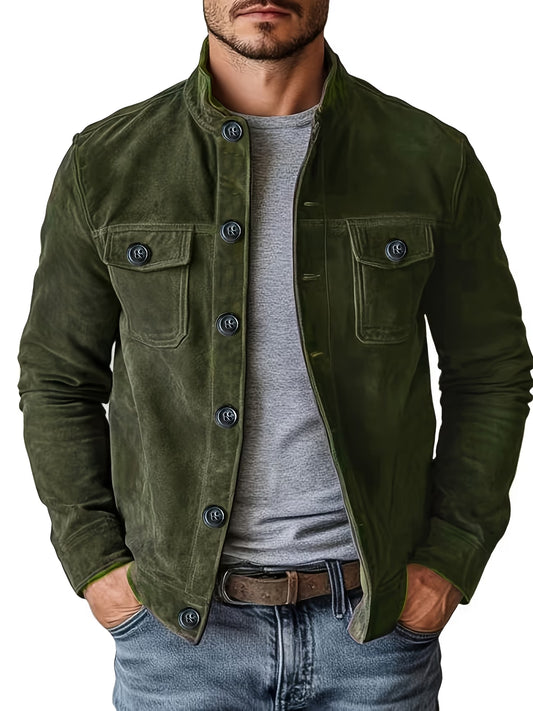 Men'S Casual Jacket with Pockets, Featuring Long Sleeves And a Stand Collar with Buttons