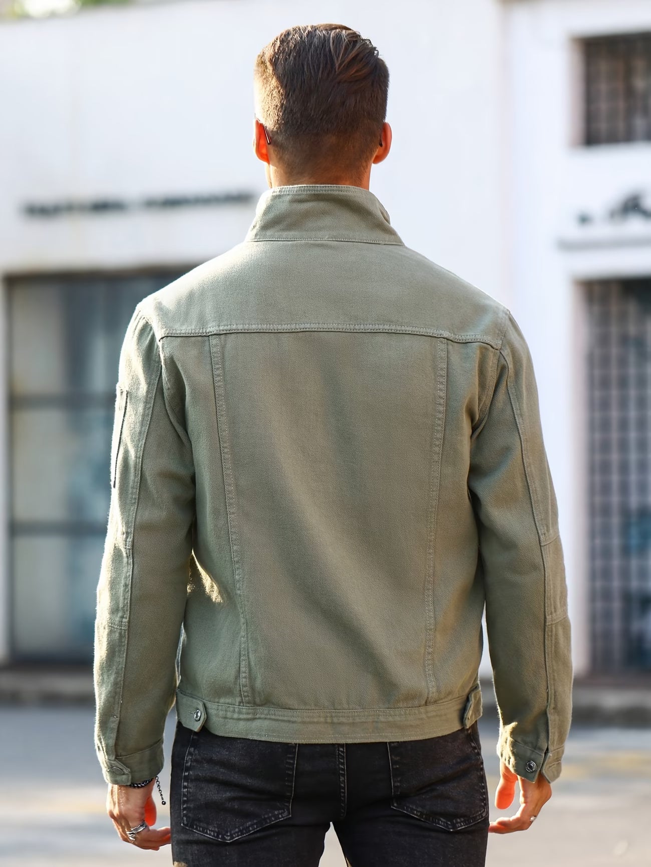 Men'S Summer Regular Fit Washed Denim Jacket in Solid Military Green, Non-Stretch And Casual for Outings